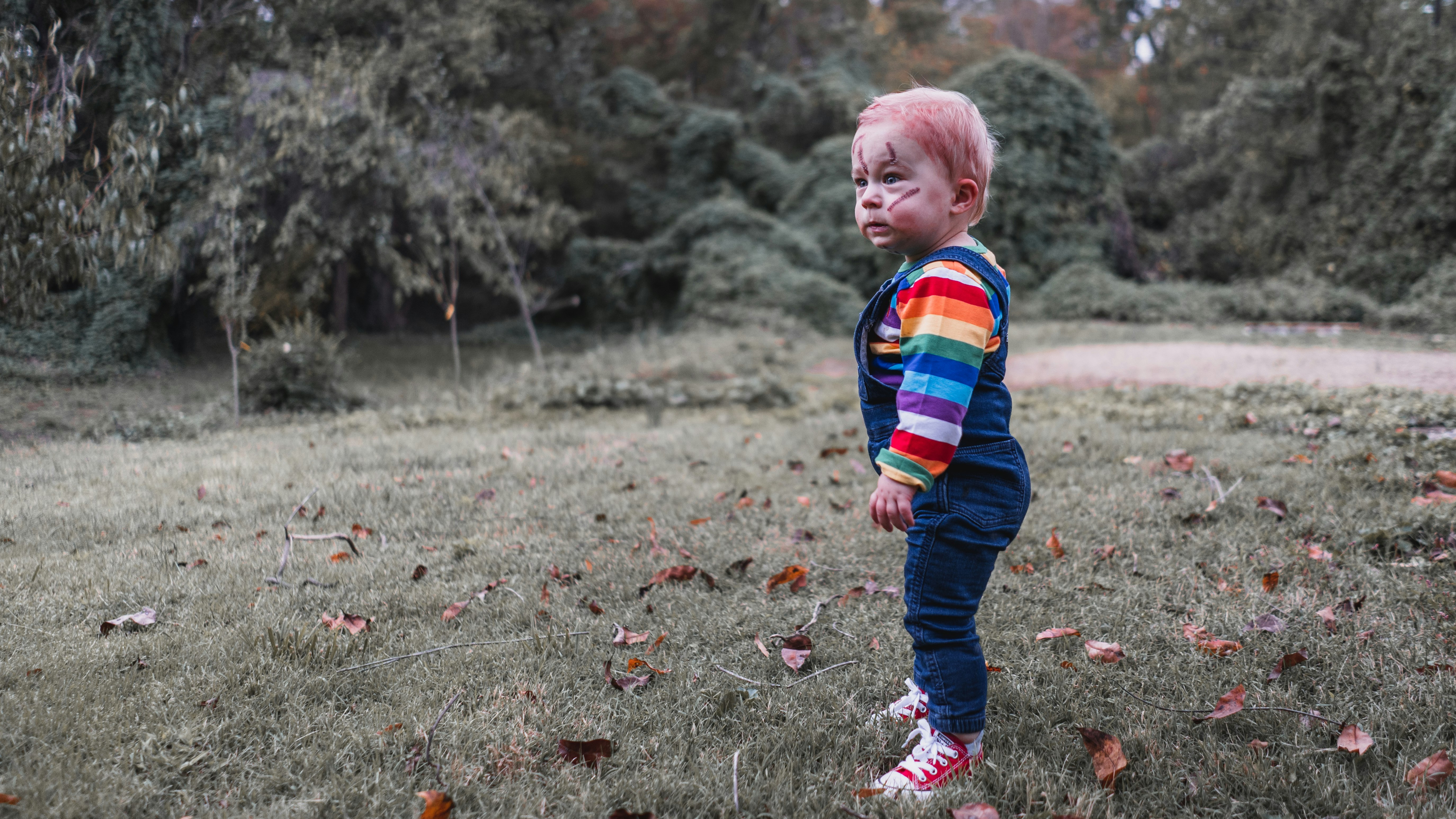 boy in red blue and green plaid dress shirt and blue denim jeans walking on grass